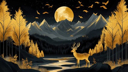 Golden deer at night, mountain landscape, full moon, forest.  Wallpaper/poster use