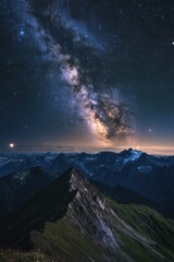 Night sky Milky Way over mountain peaks.  Possible use Stock photo