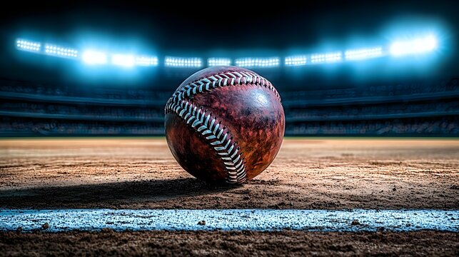 Close-up of a baseball ball on a well-maintained baseball field with player preparing to pitch in a competitive game