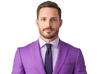 Smartly dressed man in a purple suit with confident expression on a transparent background, cut out