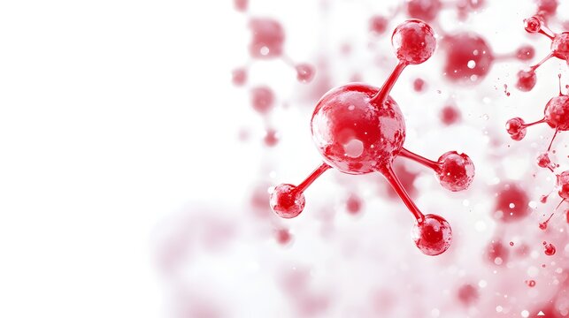 Microscopic red molecules bond and connect in a complex scientific 3D rende against a bright white background.