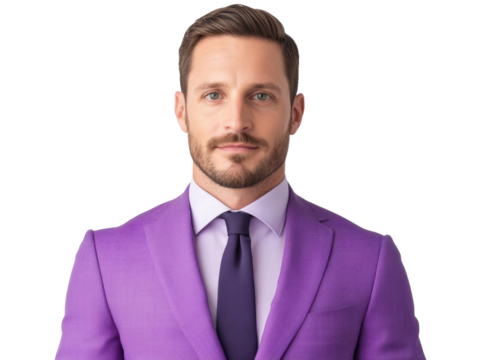 Smartly dressed man in a purple suit with confident expression on a transparent background, cut out