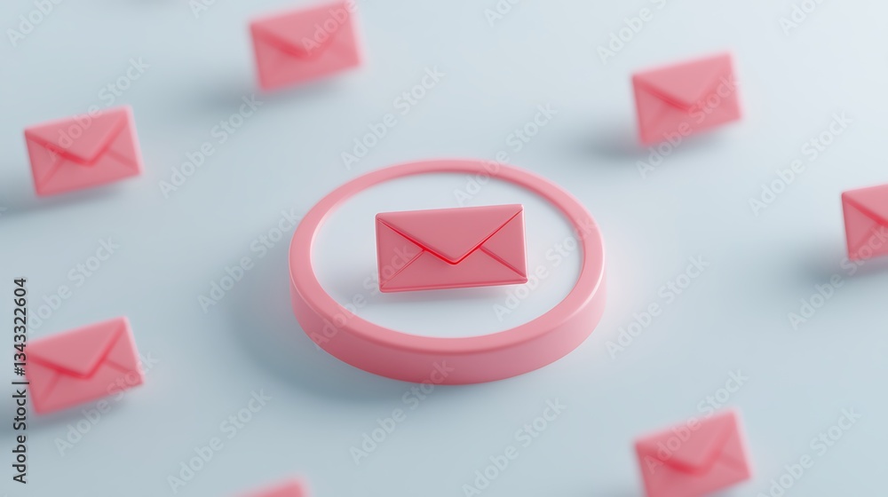 Poster 3d render of pink envelopes surrounded by a circular frame on soft blue background for digital commu