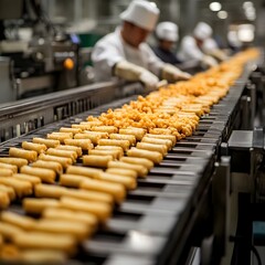 Obraz premium A long conveyor belt carries rows of golden brown processed food snacks through a modern food manufactu plant.