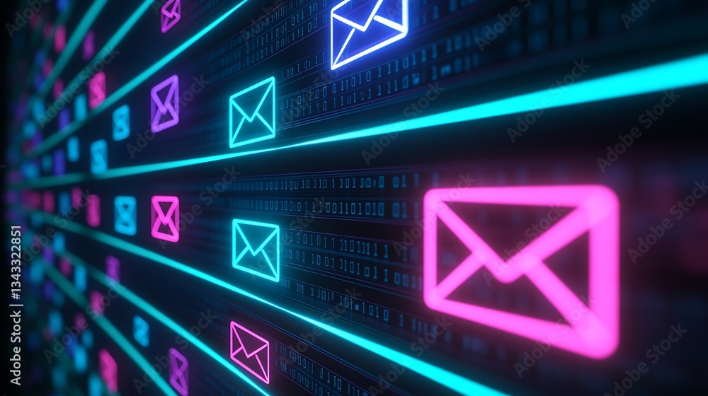 Poster Abstract Digital Background with Colorful Email Icons and Binary Code Flowing in a Futuristic Design