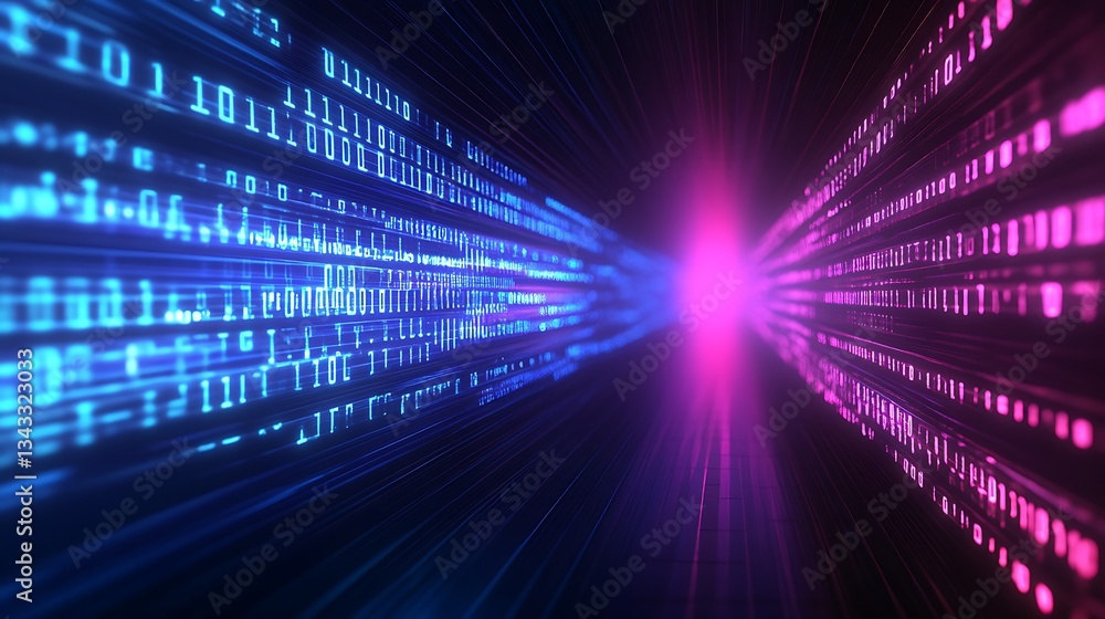 Poster Abstract Digital Data Stream with Binary Code in Blue and Pink Colors Representing Cyber Technology Concept