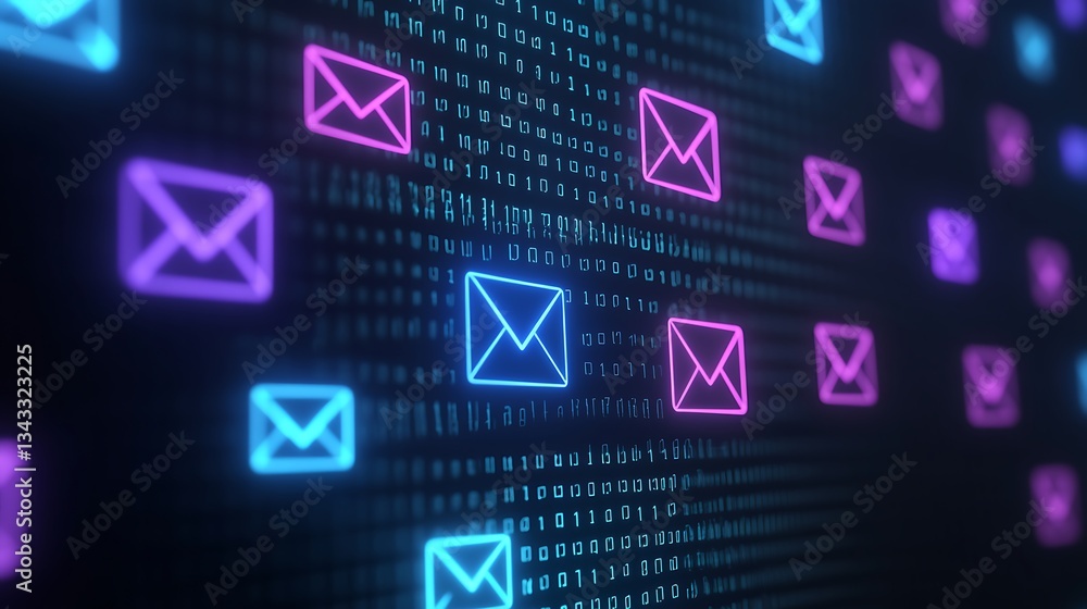 Poster abstract illustration of digital communication with glowing email icons and binary code representing