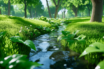 Fototapeta premium A stream running through a lush green park filled with trees and grass