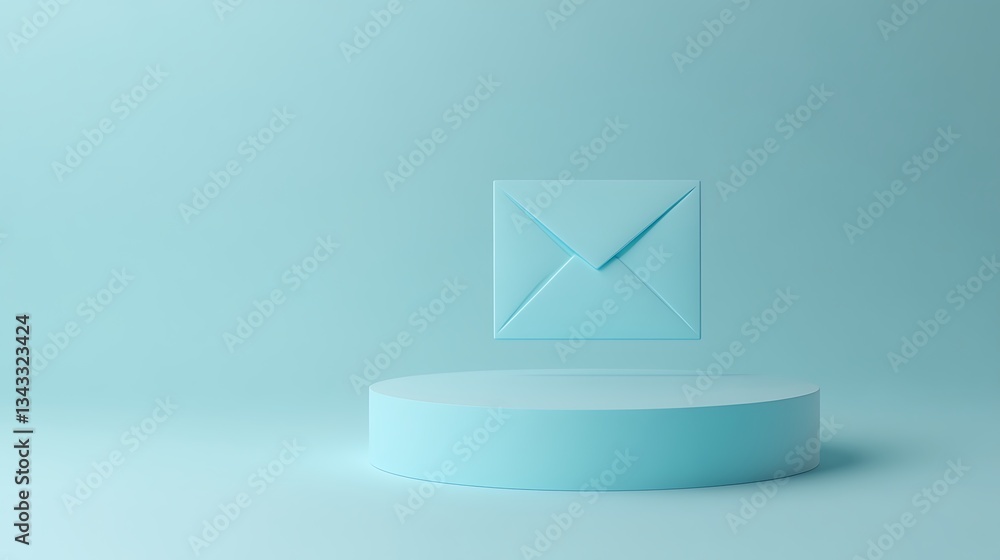 Poster blue background with floating envelope above circular platform in minimalist style for digital commu
