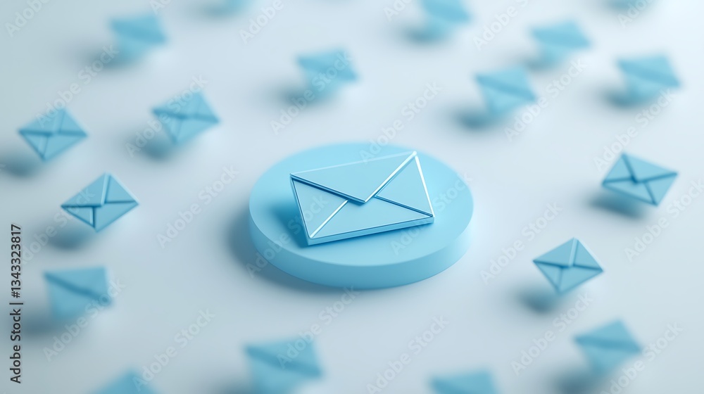 Poster blue envelope icon surrounded by small envelope illustrations on soft background for communication c
