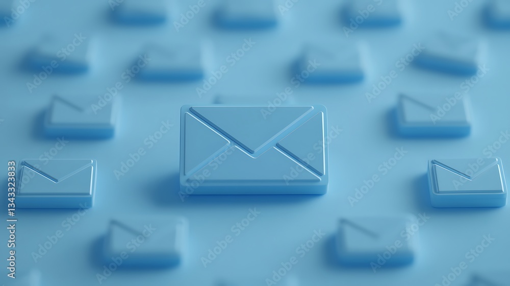 Poster blue email icons on soft surface with focus on central envelope symbol representing digital communic