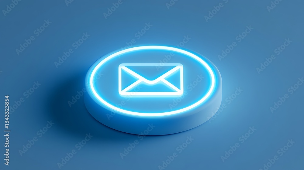 Poster blue neon email icon on round base in a minimalist style for digital communication and messaging con