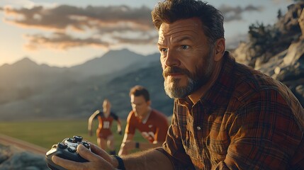 A dedicated sports coach holding a remote control while strategizing passionately with athletes on the soccer field