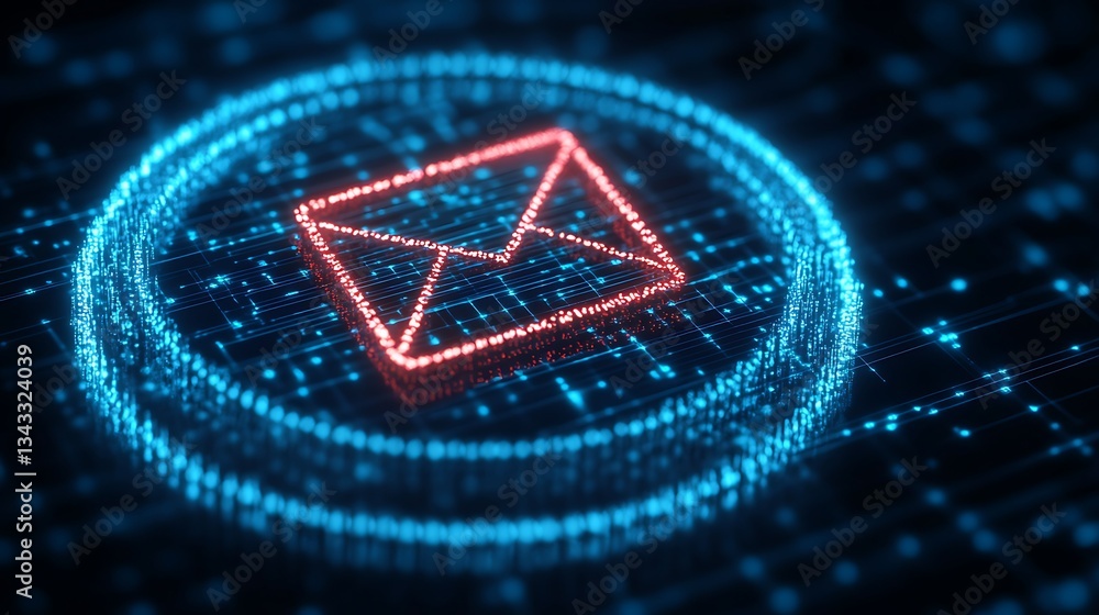 Poster bright digital mail envelope symbol surrounded by glowing data network in futuristic technology conc