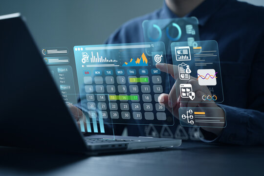 Business planning calendar, work schedule and project management concept, businessman manage time for efficient work, time management, appointment reminder.