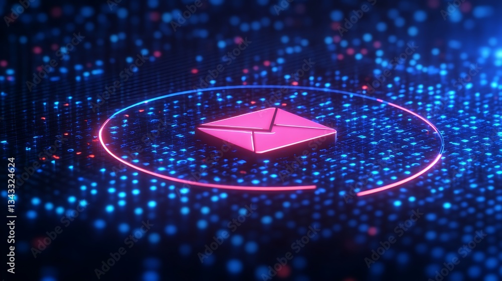 Poster bright neon email icon surrounded by glowing data points in a futuristic digital background