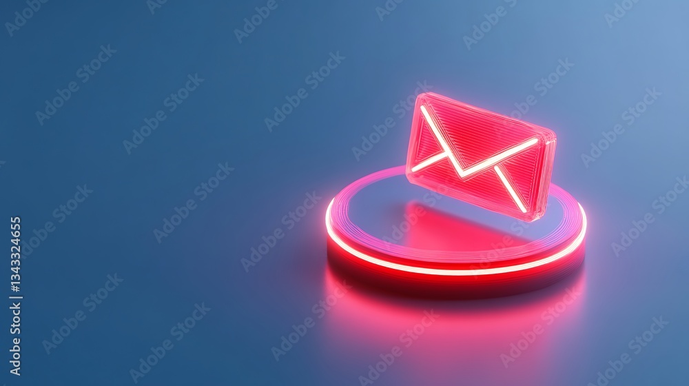 Poster bright neon email icon with circular base on soft gradient background for communication concepts