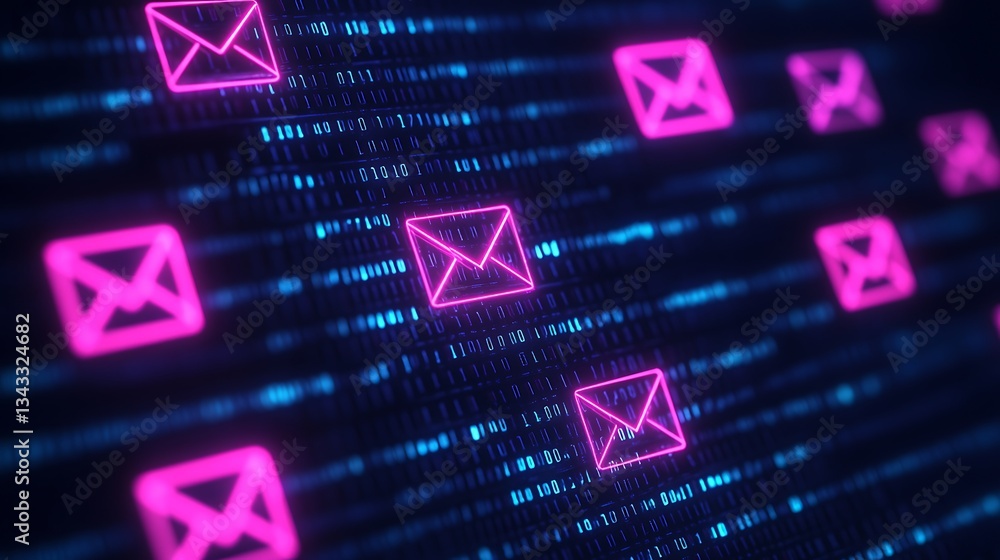 Poster bright neon email icons on a digital background of glowing binary code for modern communication them