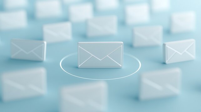 Circling White Email Envelope Surrounded by Blurred Email Icons on Soft Blue Background