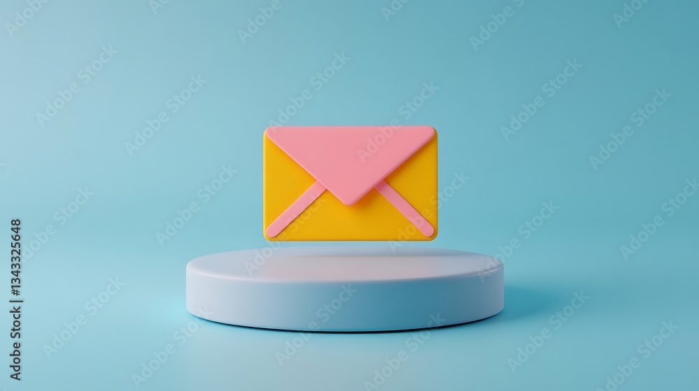 Poster colorful 3d envelope mockup on circular platform with soft blue background for creative projects and