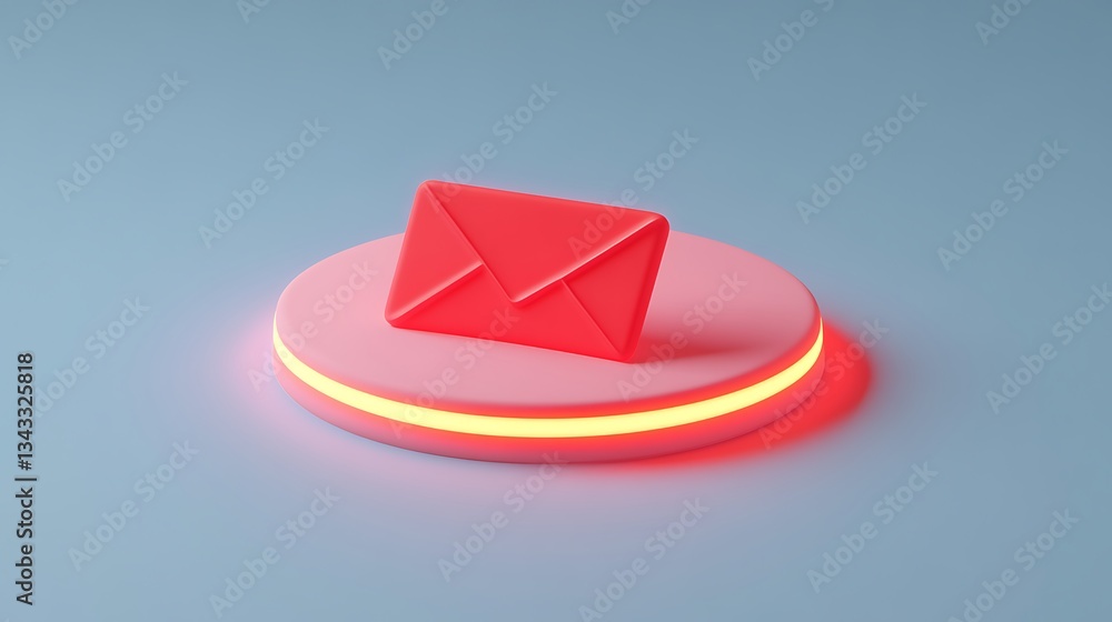 Poster colorful 3d mail icon on circular platform with neon light effect for digital communication themes