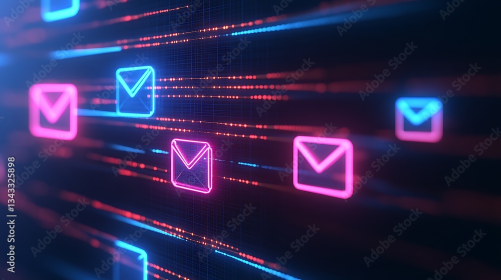 Poster colorful abstract email icons with neon lights and dynamic motion background in digital space