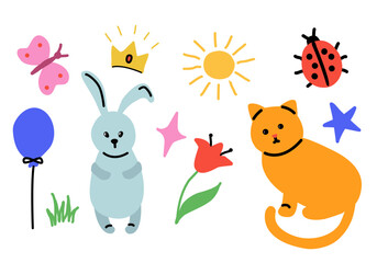 Children's doodles. Colored hand-drawn illustration. Kitty, bunny, flower, sun, ladybug, butterfly, balloon isolated on white background. Cute doodles in children's style.