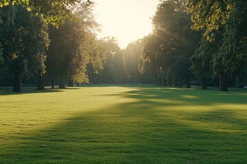 Obraz premium Sunny park scene. Lush green grass under golden sunlight filtering through trees