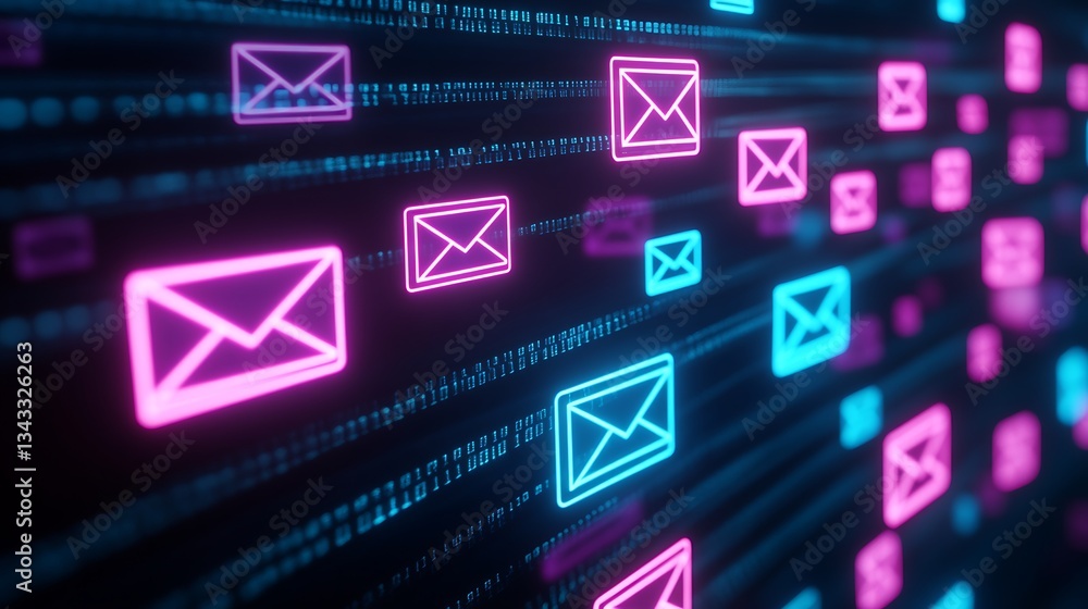 Poster colorful digital email icons with glowing effects on a background of binary code symbols