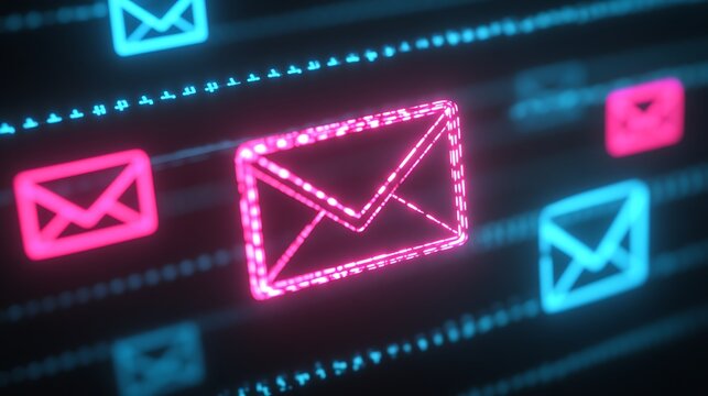 Colorful Digital Email Icons with Neon Effects and Binary Code Background for Communication Concept
