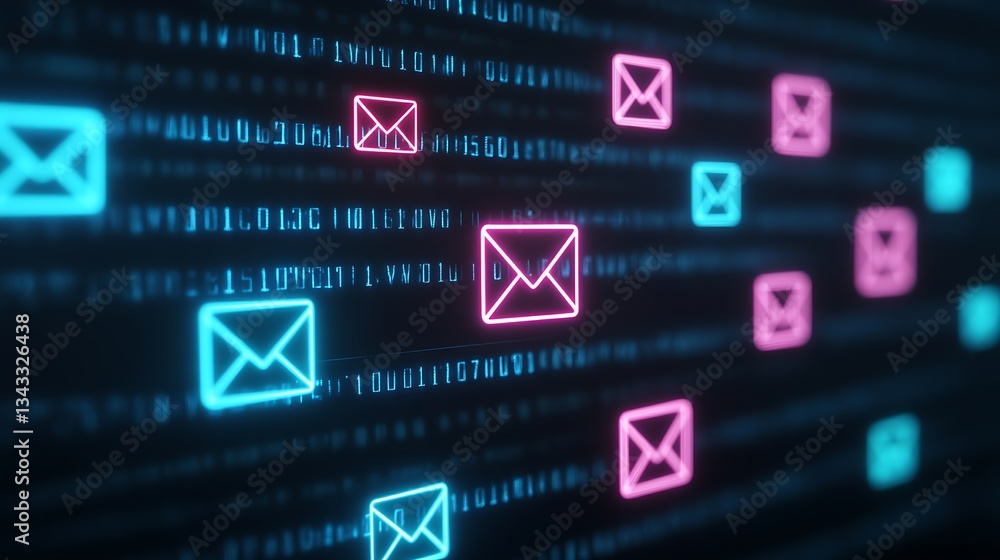 Poster colorful digital representation of email icons with binary code reflecting modern communication tech