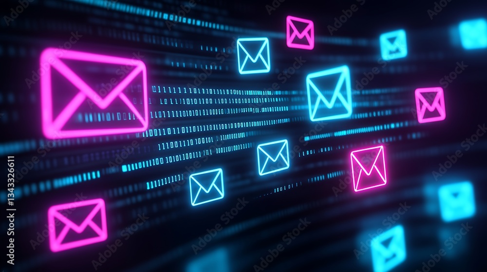 Poster colorful email icons against a futuristic digital background with binary code elements