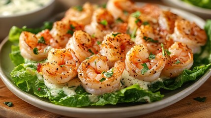 A symphony of flavors, a creamy Caesar dressing mingling with plump, succulent shrimp, creating a taste explosion on a bed of crisp greens.