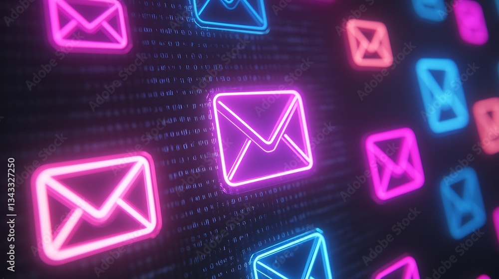 Poster colorful neon email icons against digital background with binary code for communication and technolo