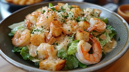 A symphony of flavors, a creamy Caesar salad adorned with succulent shrimp, lettuce, and crispy croutons, a culinary masterpiece that tantalizes taste buds.