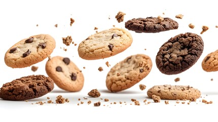 Delicious chocolate chip cookies and oatmeal raisin cookies levitate against a bright white background showcasing texture and detail.