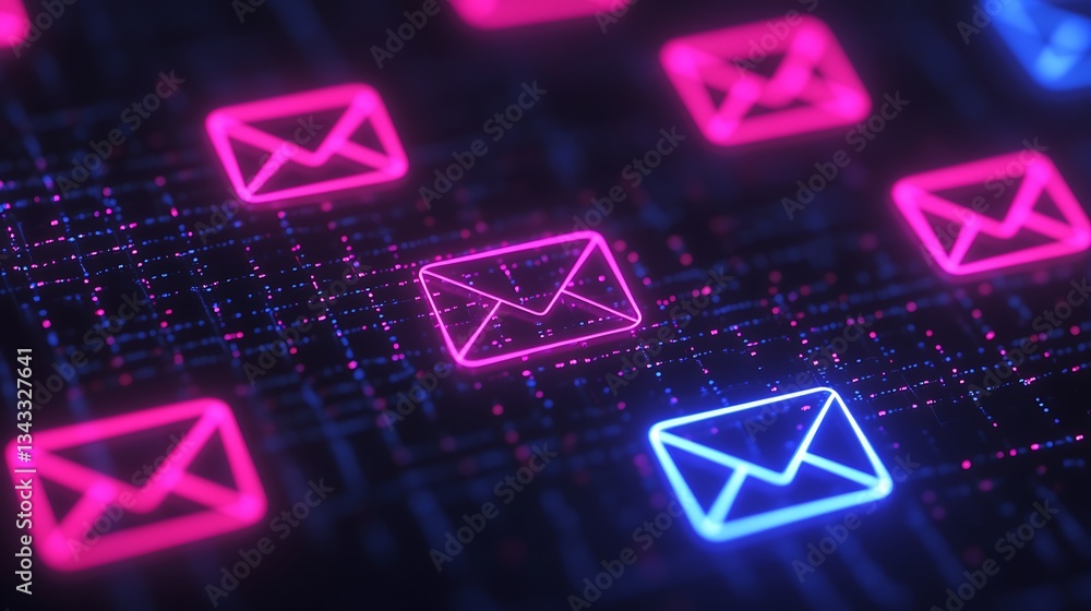 Canvas Prints colorful neon email icons on digital background with glowing effect for modern communication technol