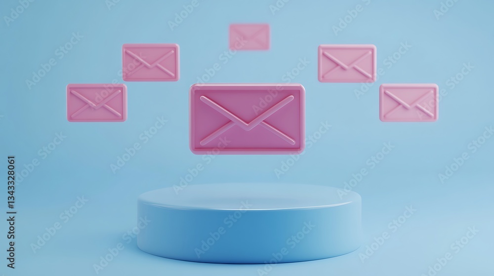 Poster colorful pink envelope icons floating above circular platform with soft blue background