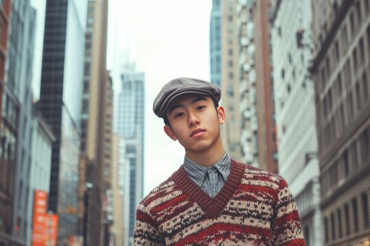 Newsboy Cap Portrait of Youthful Asian American Boy in New York City Business District