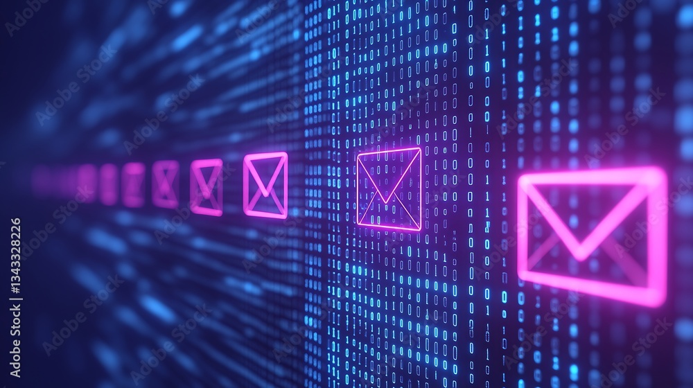 Aufkleber digital communication concept with binary code and neon email icons representing modern messaging te