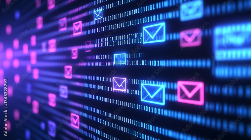 Poster digital communication concept with colorful email icons and binary code falling in high-tech design