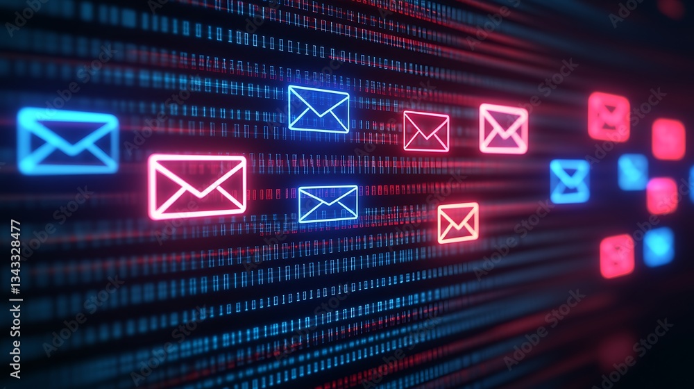 Aufkleber digital communication concept with colorful email symbols on binary code background for technology t