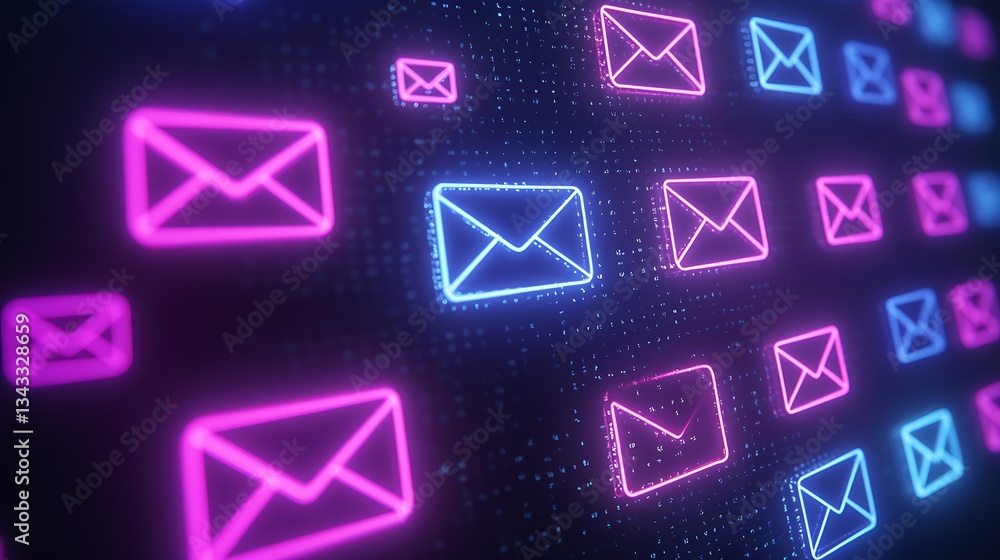 Poster digital communication concept with neon colored email icons on abstract background design for techno