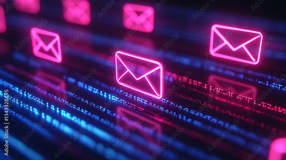 Poster digital communication concept with neon email icons and binary code in futuristic background