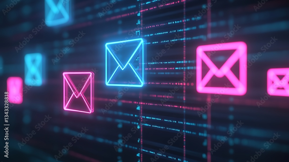 Poster digital communication concept with neon email icons and data streams in futuristic background
