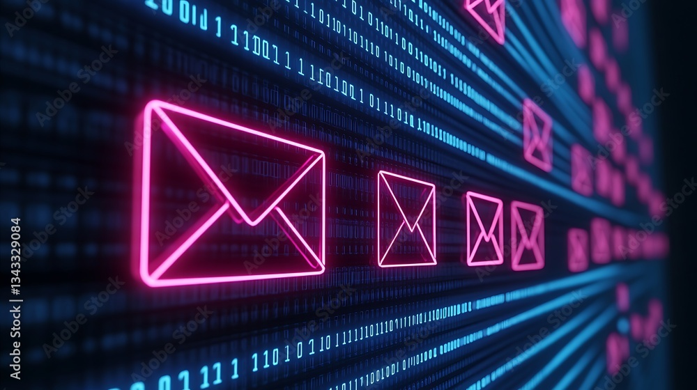 Poster digital communication concept with neon email icons over binary code background in futuristic style