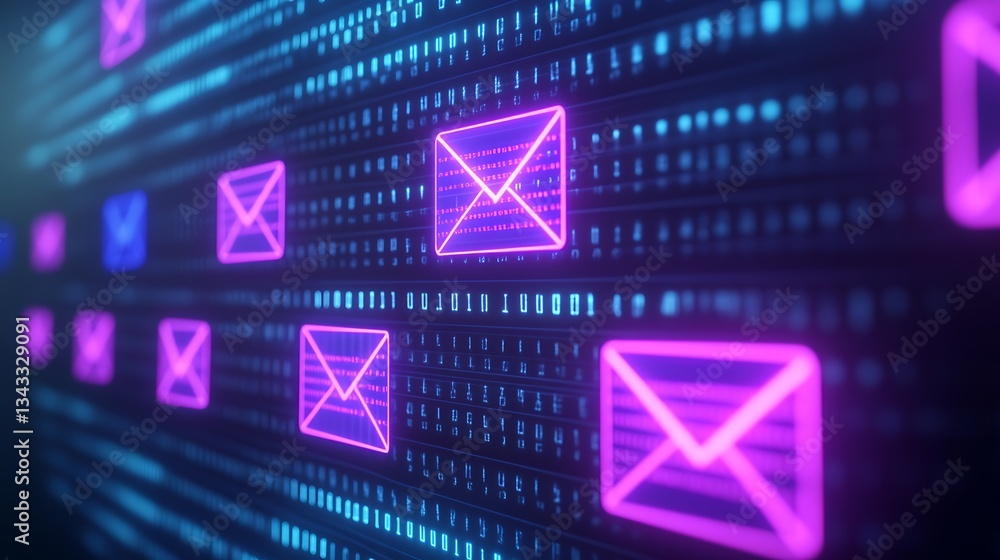 Poster digital communication concept with neon email icons over binary code background for technology visua