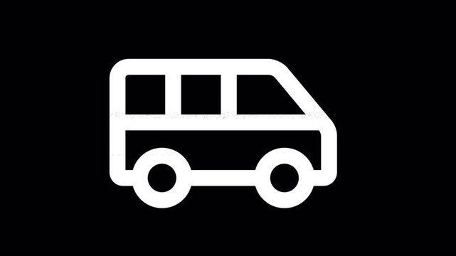 Icon shuttle van is distorted. Glitch. Noise, chromatic aberration, geometric distortion. Transparent background, looped. In-Out looped. Alpha BW at the end
