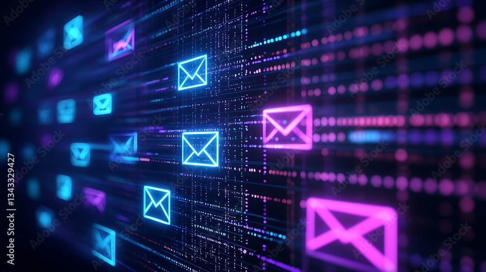Poster digital concept of email communication with neon icons and data flow in futuristic background design