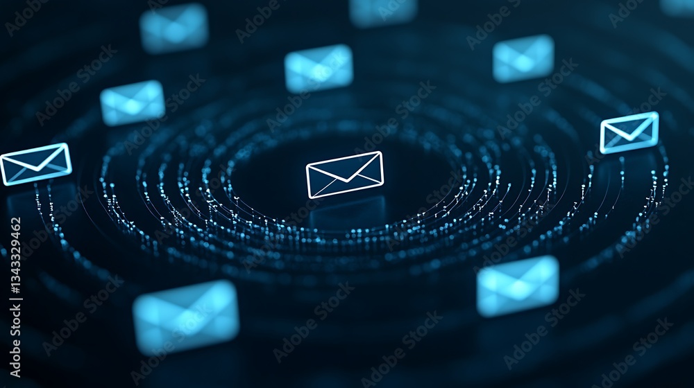 Poster digital email communication concept with glowing envelope symbols representing connectivity in techn